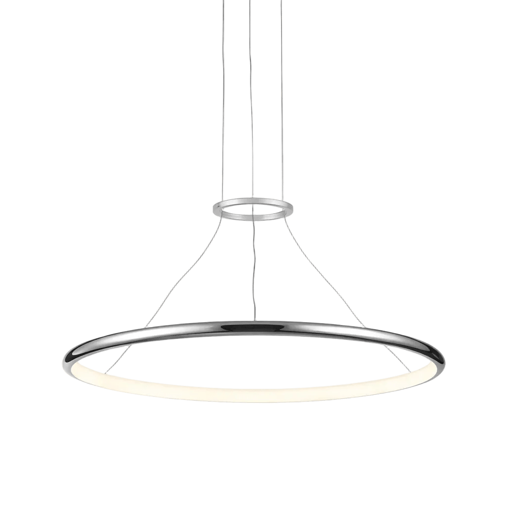 Chrome LED ring pendant light with a circular design and a white inner glow, suspended by thin cables.