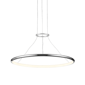 Chrome LED ring pendant light with a circular design and a white inner glow, suspended by thin cables.