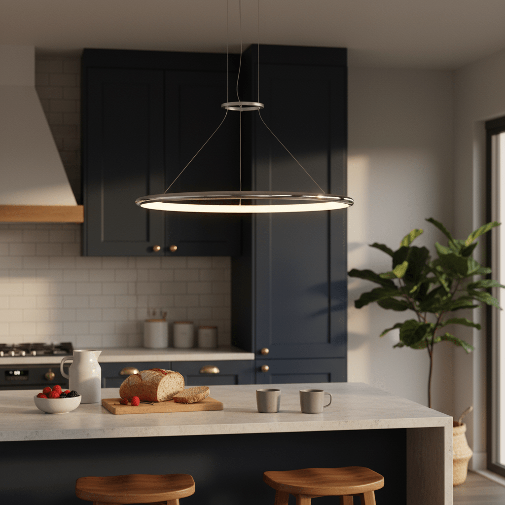 Anelli 1 Chrome LED Ring Pendant hanging above a kitchen island with bread and berries on a wooden board.