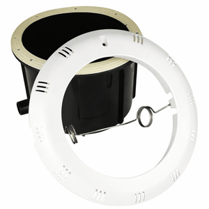 PAR 56 pool light casing featuring a white plastic ring and black housing for secure bulb installation.