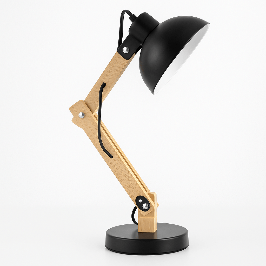 Black and gold adjustable desk lamp on a white background