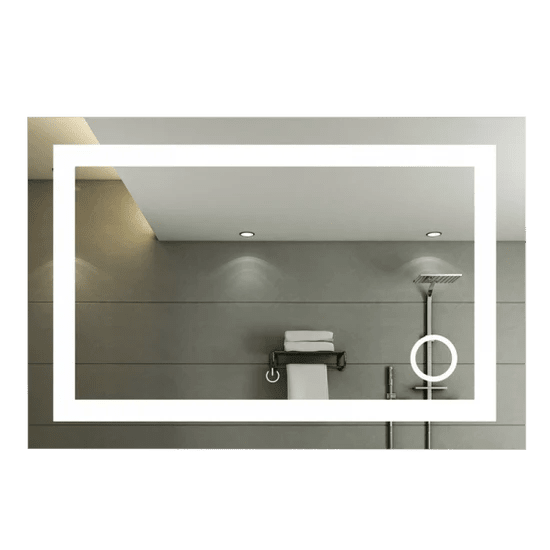 Rectangular LED mirror with touch switch, mounted in a modern bathroom setting.