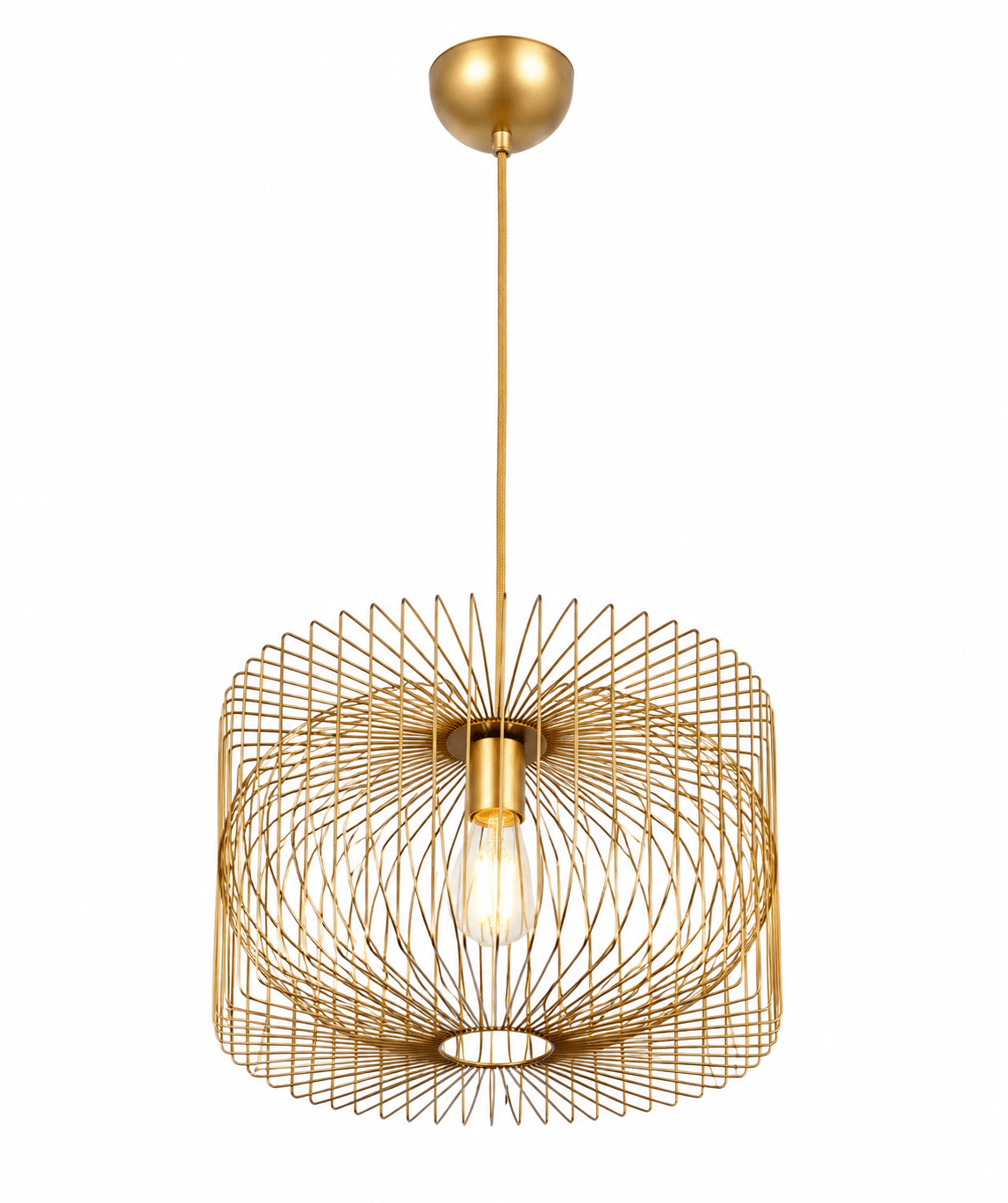 Gold wire pendant light with an open design, showcasing a central bulb holder, suspended from a ceiling mount.