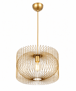 Gold wire pendant light with an open design, showcasing a central bulb holder, suspended from a ceiling mount.