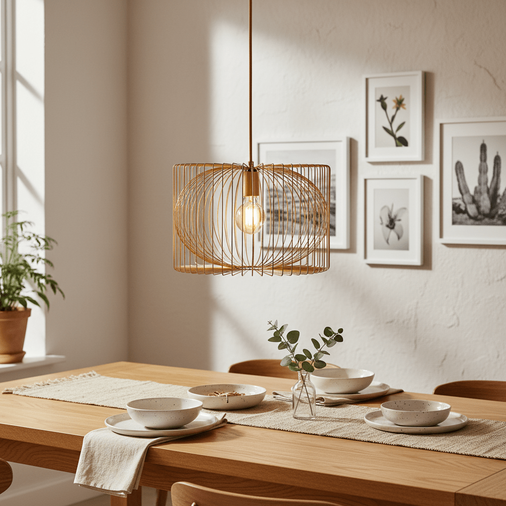 Scandi gold wire pendant light hanging above a wooden dining table set with plates and a vase.