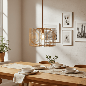 Scandi gold wire pendant light hanging above a wooden dining table set with plates and a vase.