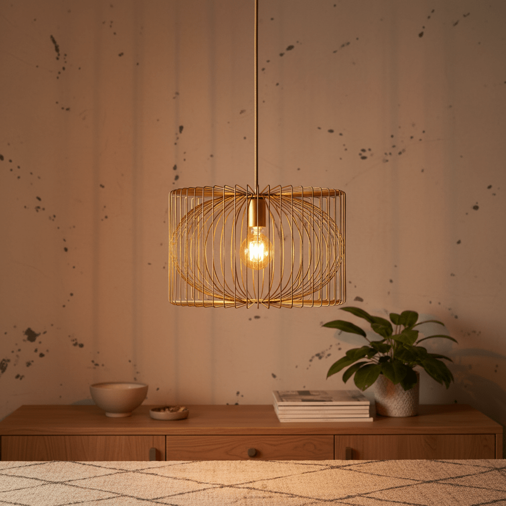 Scandi gold wire pendant light hanging above a wooden surface with a plant and decorative items.