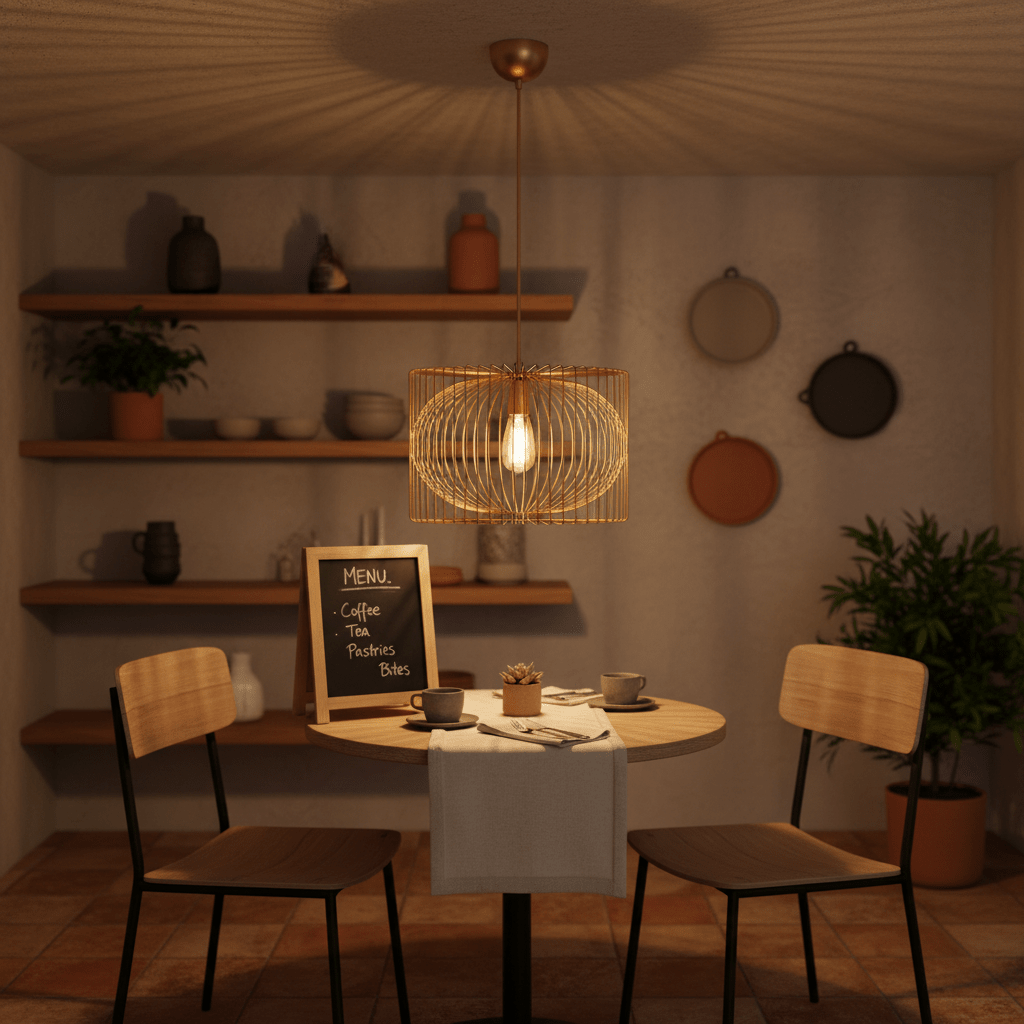 Scandi gold wire pendant light hanging above a cozy dining table set with coffee and pastries.