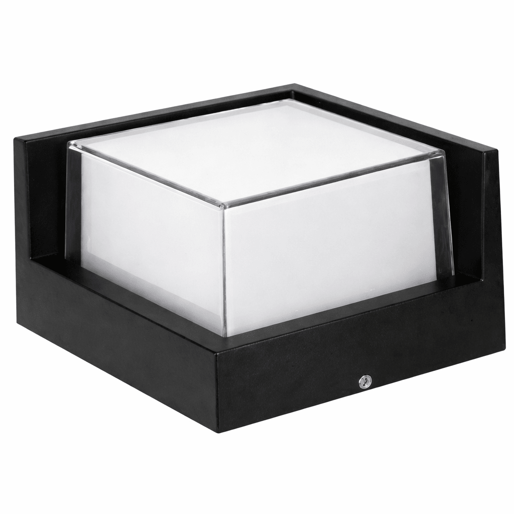 Close-up view of a square outdoor LED wall light with a sleek black frame and clear glass cover.
