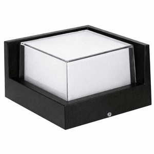 Close-up view of a square outdoor LED wall light with a sleek black frame and clear glass cover.