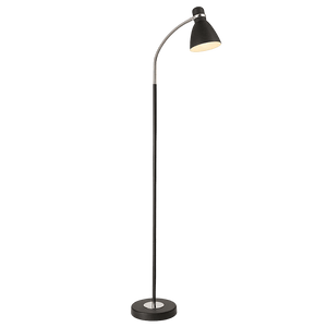 A black metal floor lamp with a curved neck, a round base, and a cone-shaped shade, featuring a chrome accent.