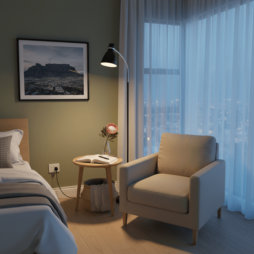 Black metal flexi head floor lamp beside a cozy armchair and side table in a softly lit room.