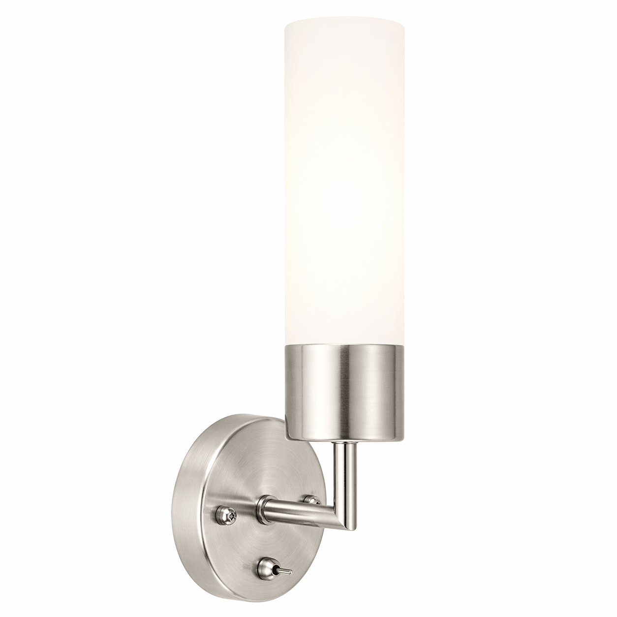 Wall-mounted light fixture with a cylindrical glass shade on a white background