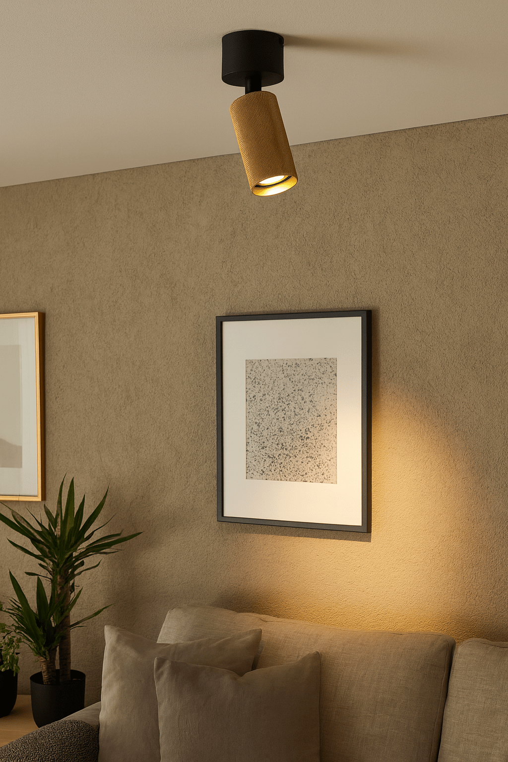 Boston Black and Annealed Gold Surface Mount Spotlight illuminating artwork on a textured wall.