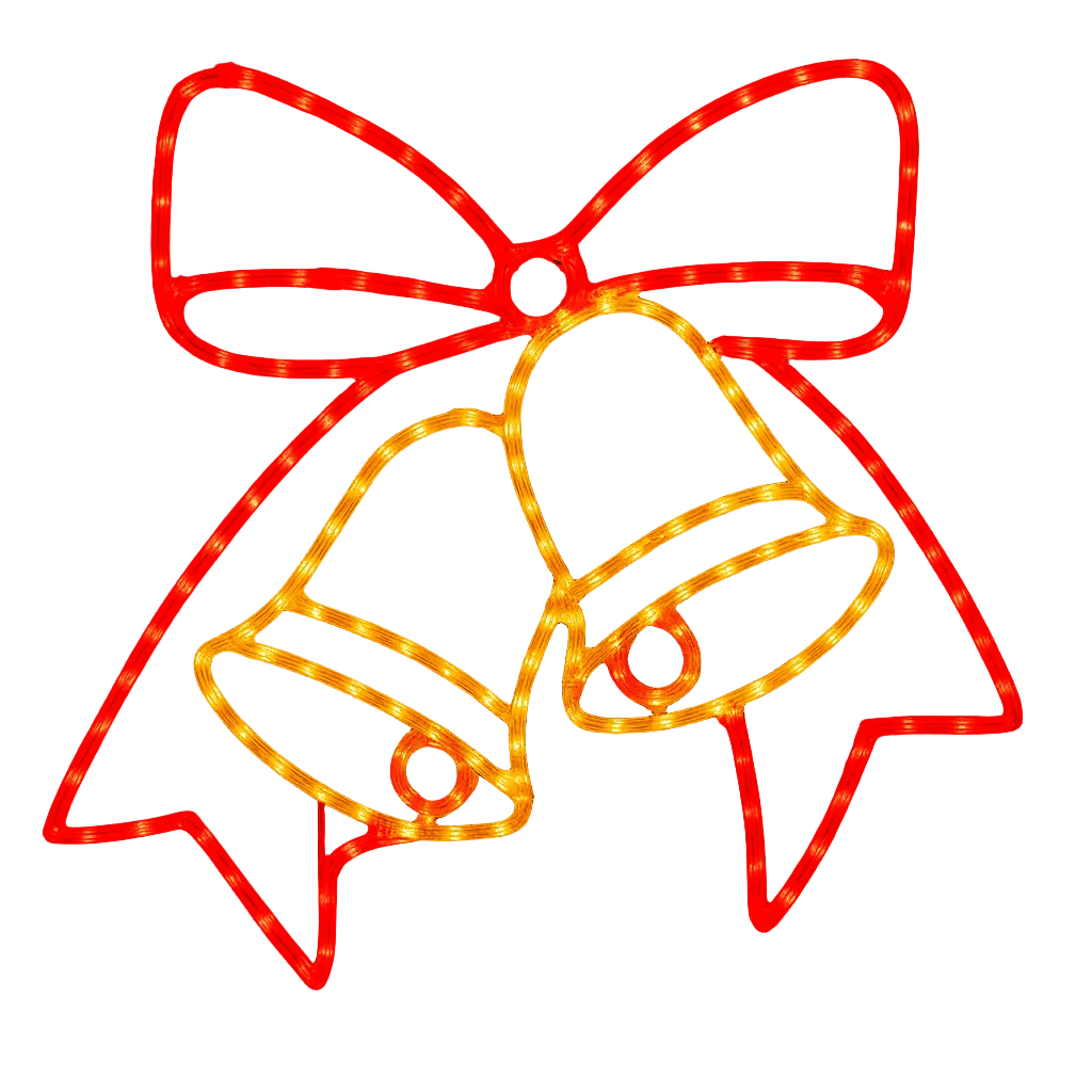 LED Christmas lights in a bowtie bells motif, featuring red and yellow glowing outlines on a black background.