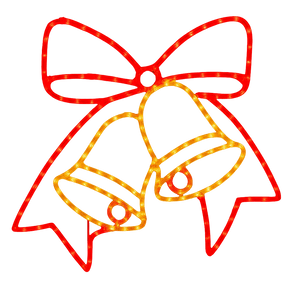 LED Christmas lights in a bowtie bells motif, featuring red and yellow glowing outlines on a black background.
