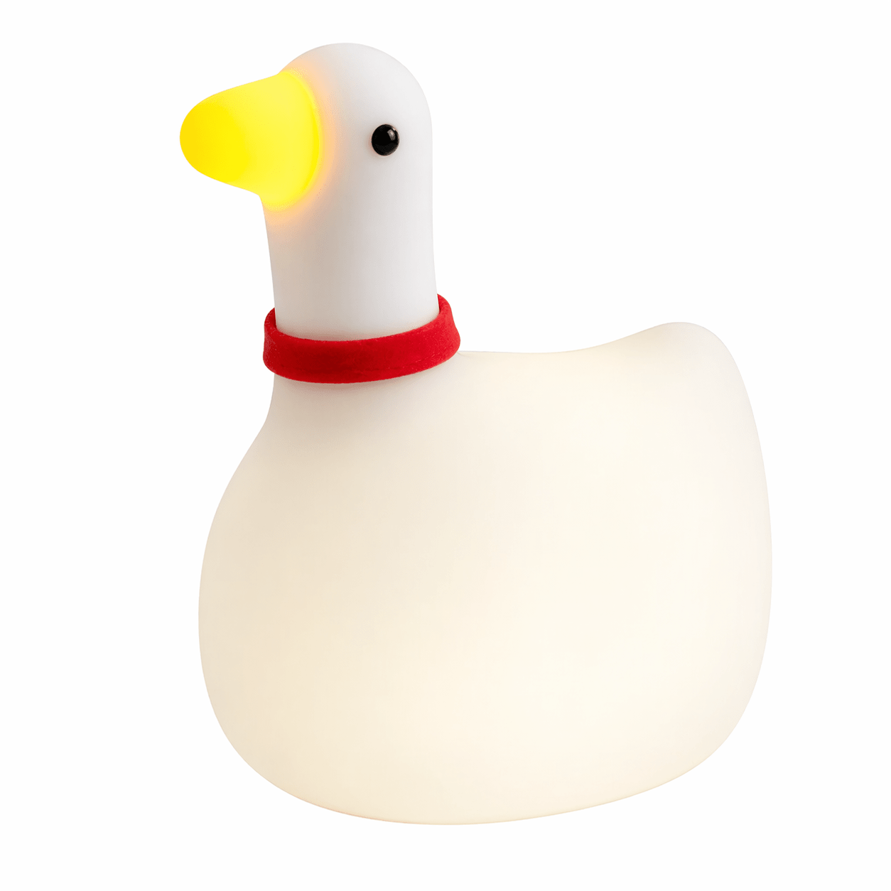 White duck-shaped night light with a red collar on a white background