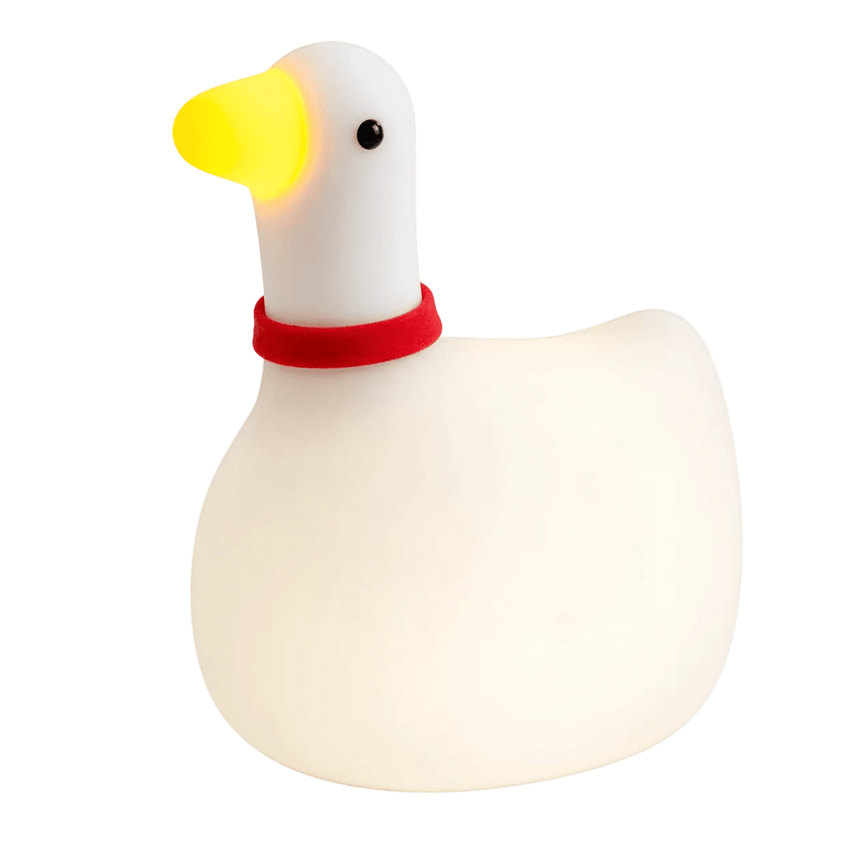 A white, rounded goose-shaped night light with a yellow beak, black eyes, and a red collar.