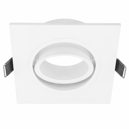 Square tilt downlight holder in white polycarbonate with adjustable inner ring for directional lighting.