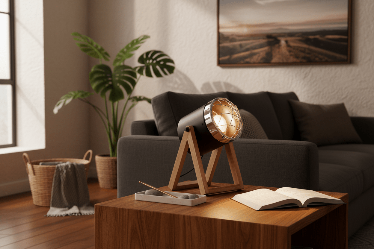 A stylish table lamp with a black polished chrome finish and wooden base, illuminating a cozy living space.