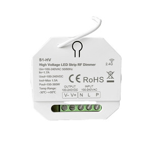 DYCE 230V Dimmer Module for LED strip lights, featuring connection terminals and RF control capability.