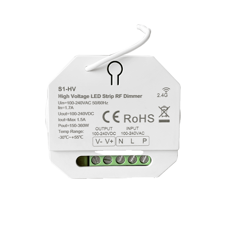 DYCE 230V Dimmer Module for LED strip lights, featuring connection terminals and RF control capability.