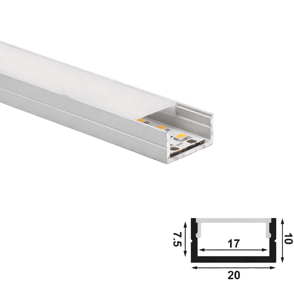 20x10mm surface aluminium LED extrusion with frosted diffuser, showcasing internal LED strip placement.