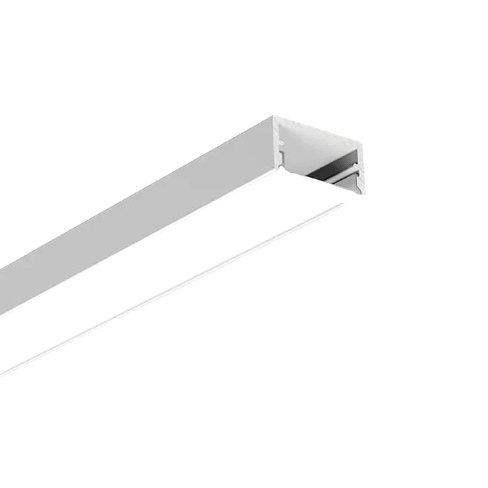 Close-up of a silver 20x10mm LED extrusion profile with a frosted diffuser, showcasing its sleek design.