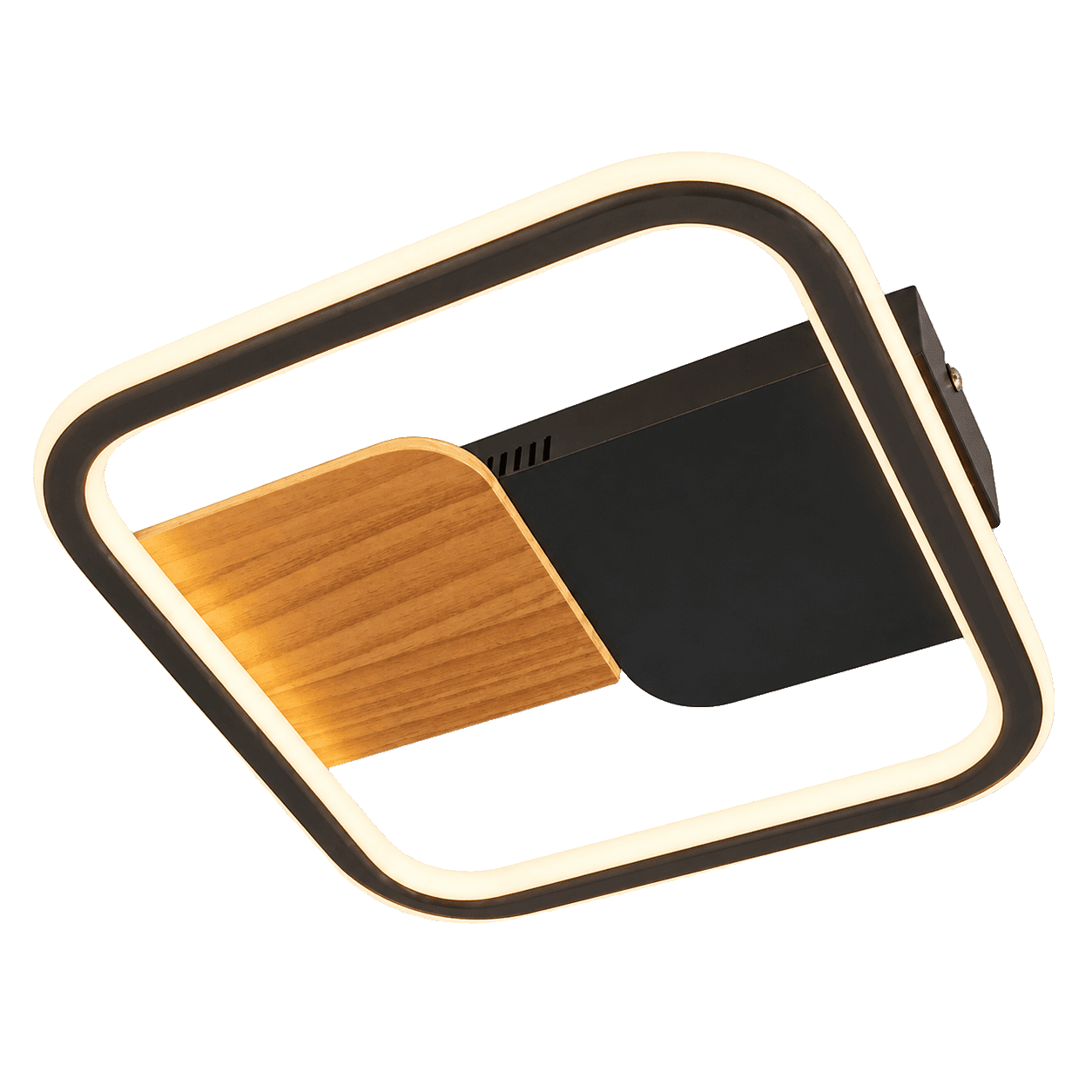 18W LED Square Yin & Yang Ceiling Fitting with black and light wood finish, showcasing modern design.