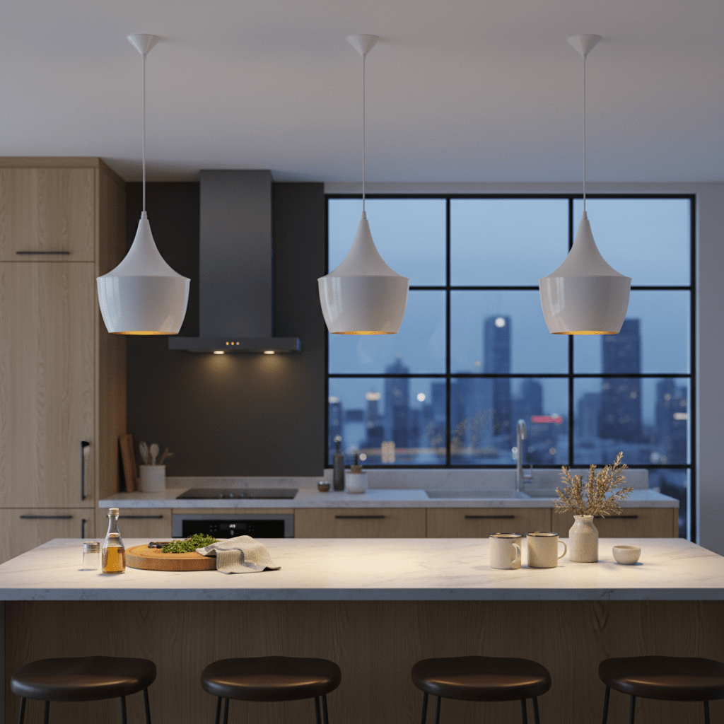Three white metal pendant lights hang over a kitchen island with a marble countertop, creating a modern ambiance.