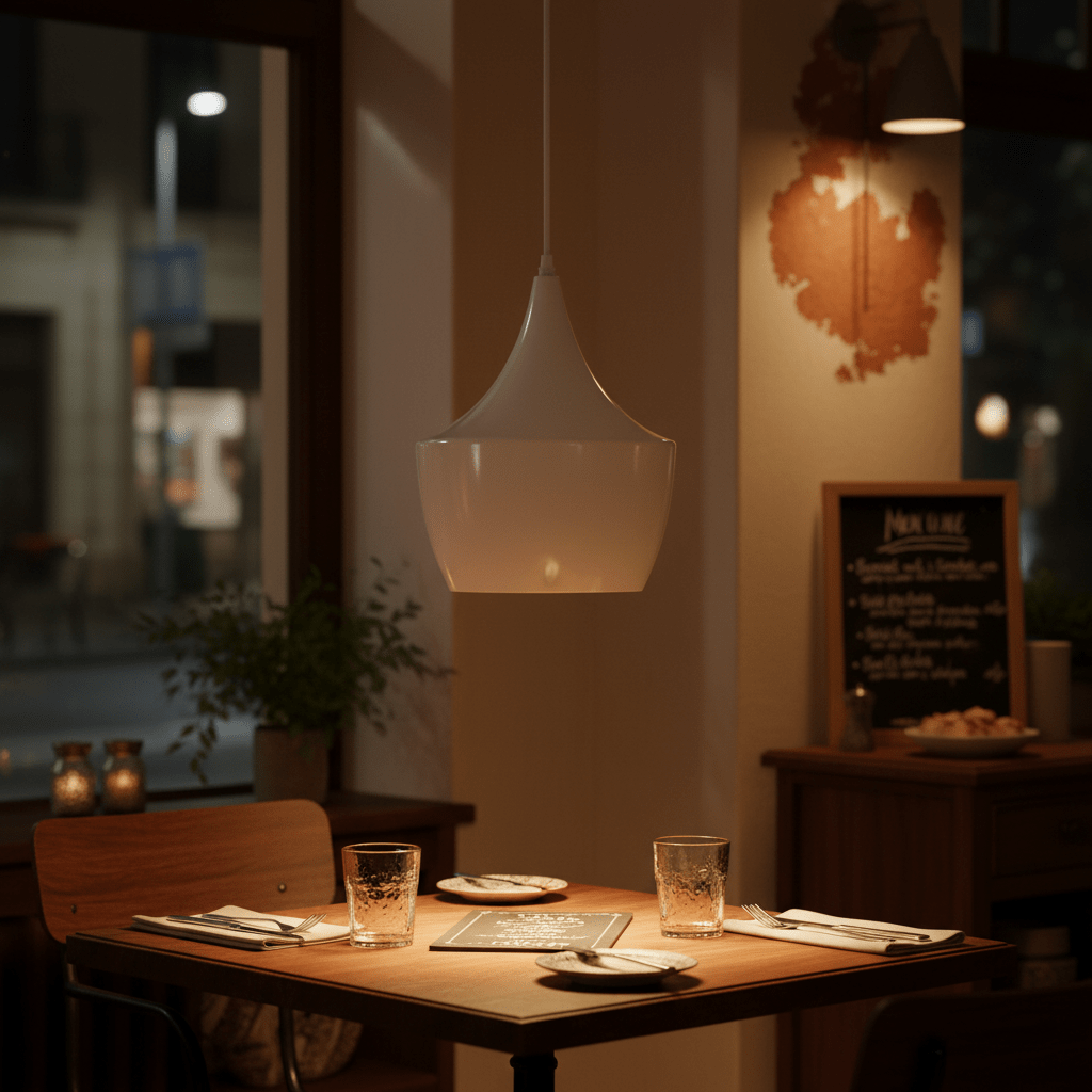 A white metal pendant light hangs above a wooden dining table set with glasses and plates, creating a cozy ambiance.