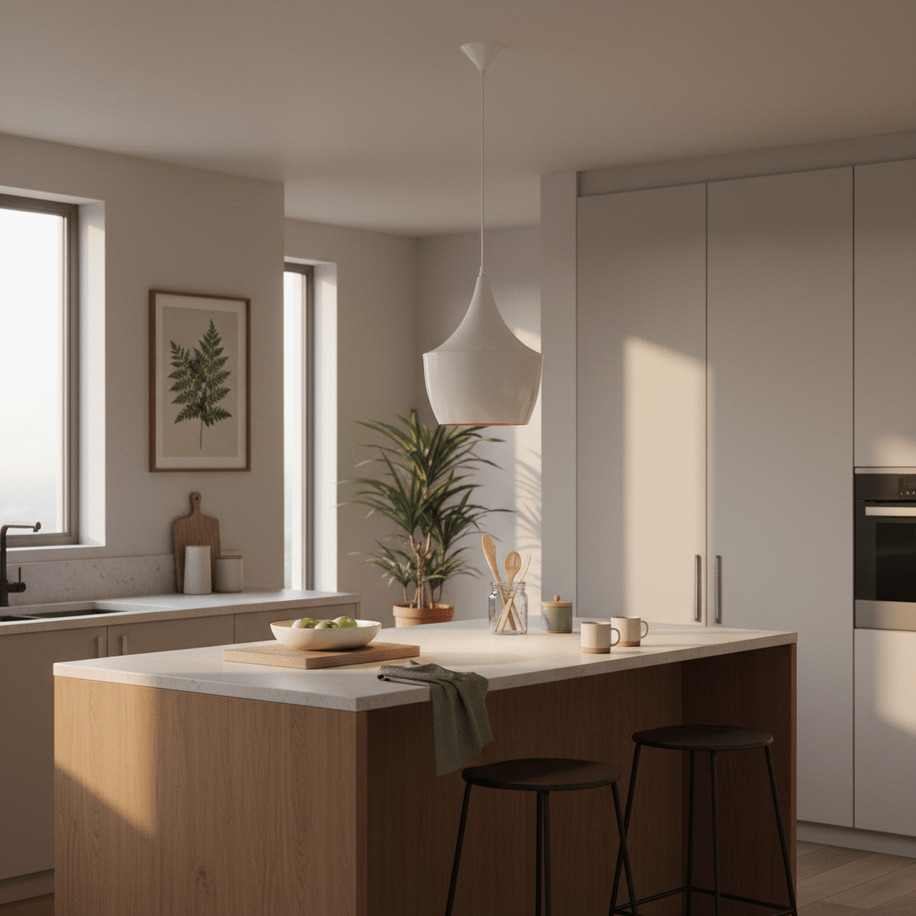 A modern kitchen featuring a white metal pendant light above a wooden island with stools, plants, and natural light.