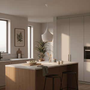 A modern kitchen featuring a white metal pendant light above a wooden island with stools, plants, and natural light.