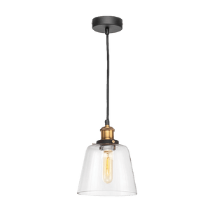 Pendant light with clear glass shade and bronze fixture on a black background