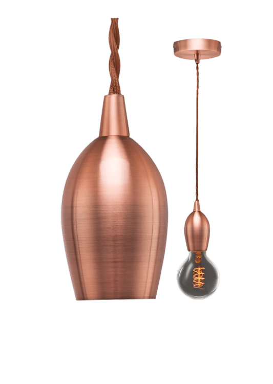 Copper pendant light with a clear bulb on a black background