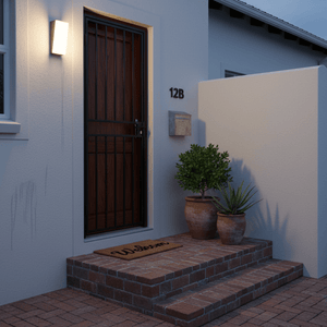 Outdoor wall light illuminating a front entrance with a welcome mat and potted plants.