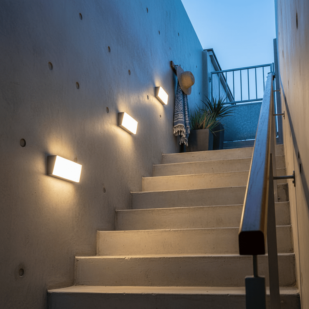 LED rectangle bulkhead lights mounted on a stairwell wall, illuminating steps with warm white light.