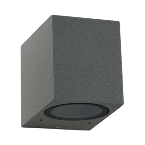 Gray cube-shaped outdoor down facing light on a black background