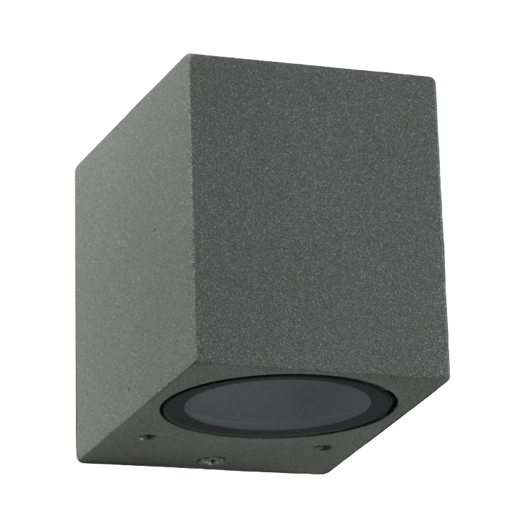 Gray cube-shaped outdoor down facing light on a black background