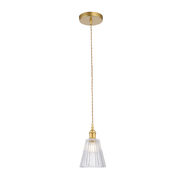 Pendant light with glass shade and gold fixture on a black background