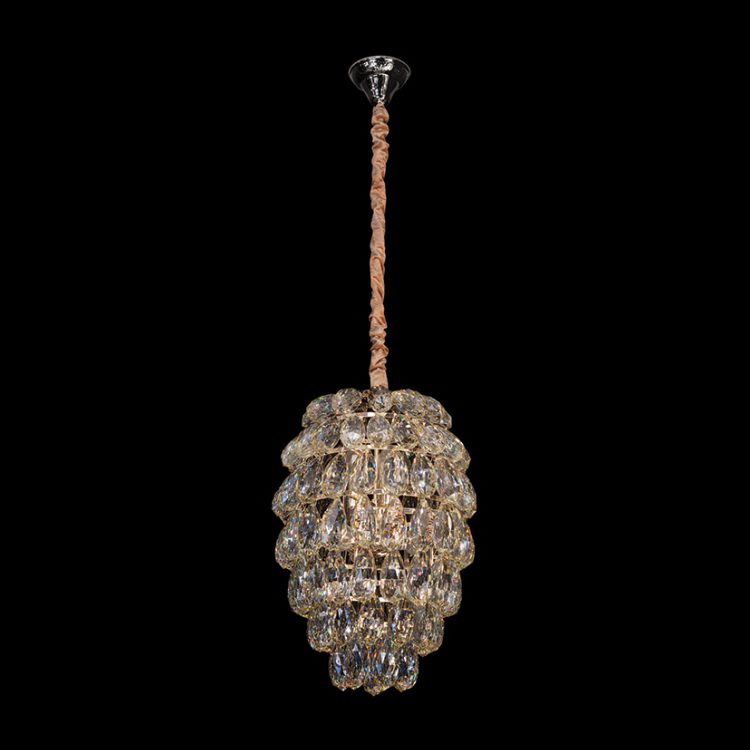 Crystal chandelier with twisted rope suspension and chrome canopy against black background