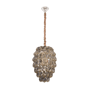 Amber crystal chandelier with twisted rope suspension and metal canopy, displayed against solid green background.