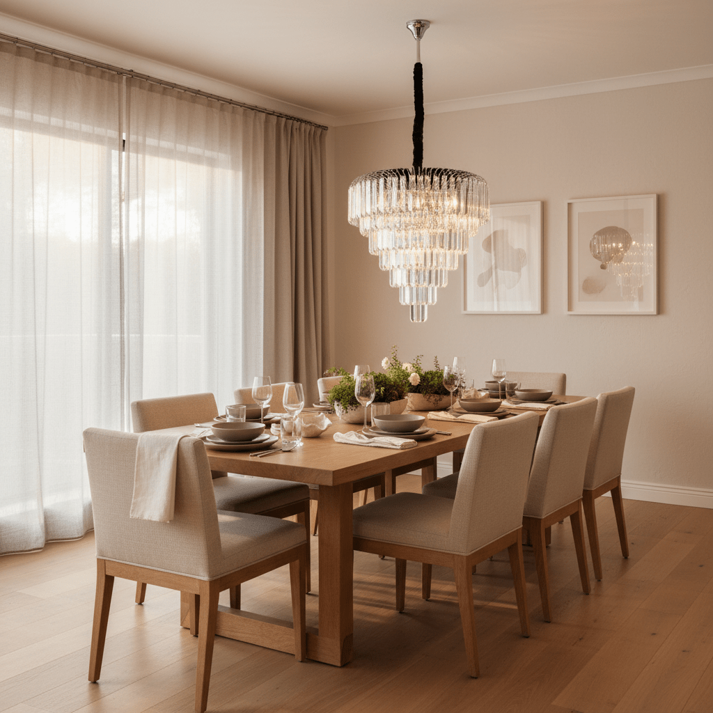 Layered crystal chandelier with black cord and chrome frame hanging centrally over a set wooden table