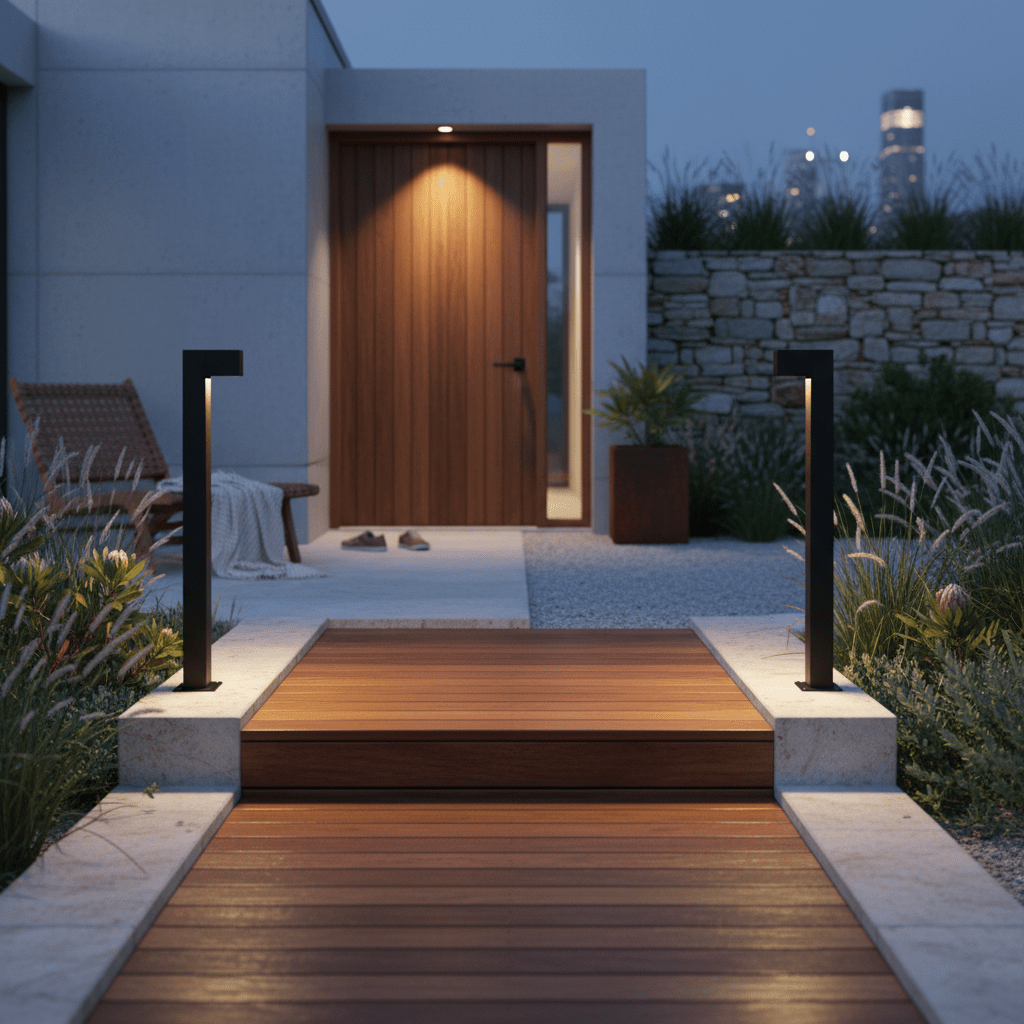 Two Thor LED bollards illuminate a wooden pathway leading to a modern entrance, enhancing outdoor ambiance.