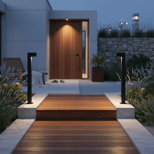 Two Thor LED bollards illuminate a wooden pathway leading to a modern entrance, enhancing outdoor ambiance.