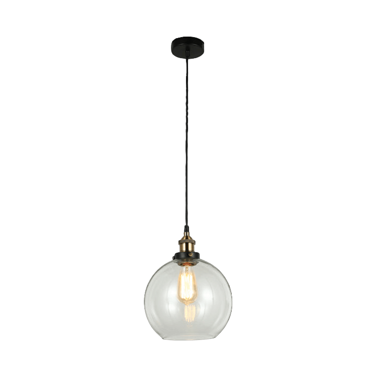 Clear glass pendant light with a visible bulb against a black background