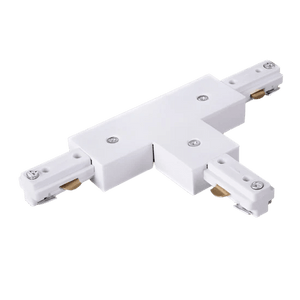3-wire T-connector in white for track lighting, featuring two connection points and a central junction.