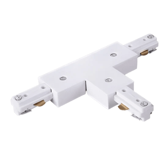 3-wire T-connector in white for track lighting, featuring two connection points and a central junction.