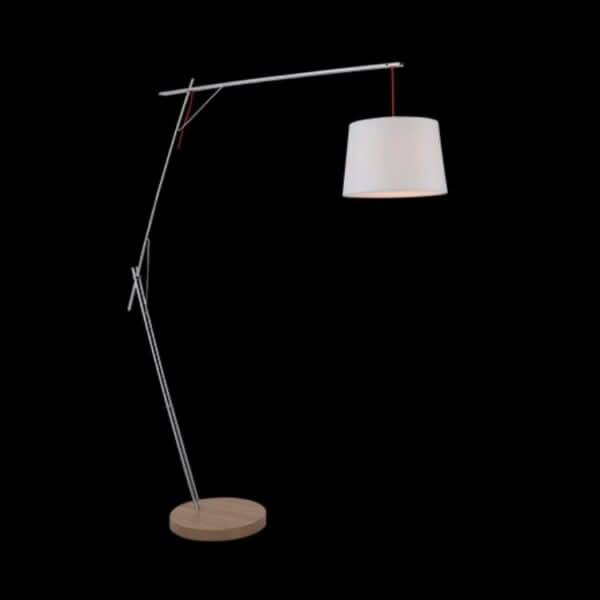 Cantilever floor lamp with a white shade and natural wood base, featuring an adjustable arm and foot switch.