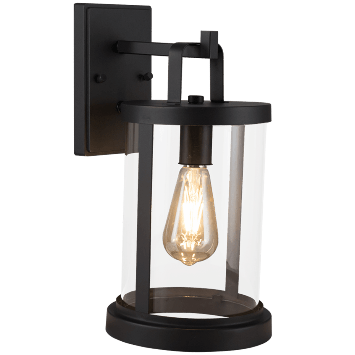 Black exterior wall light with clear glass and exposed bulb on a transparent background.